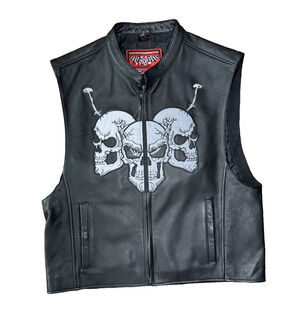First Racing Motorcycle Biker Leather Vest Black Skull Patch Men's Large